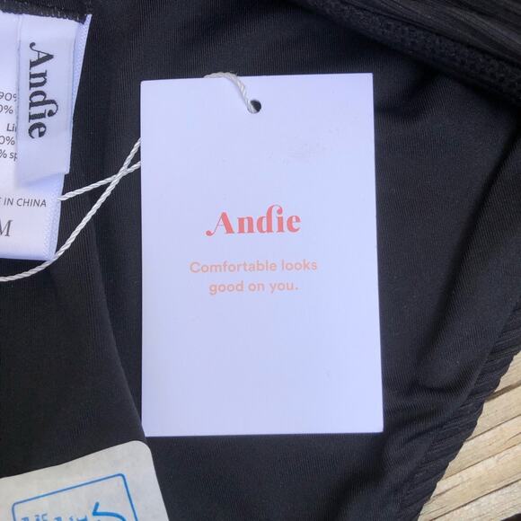 Andie NWT The Bold Banded Cheeky Rib Flattering Bikini Bottom Black Medium - Picture 14 of 16